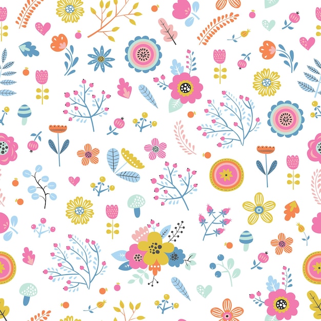 Childish seamless pattern with cute flowers in cartoon style.