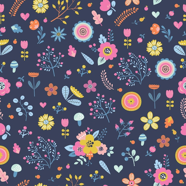 Childish seamless pattern with cute flowers in cartoon style.