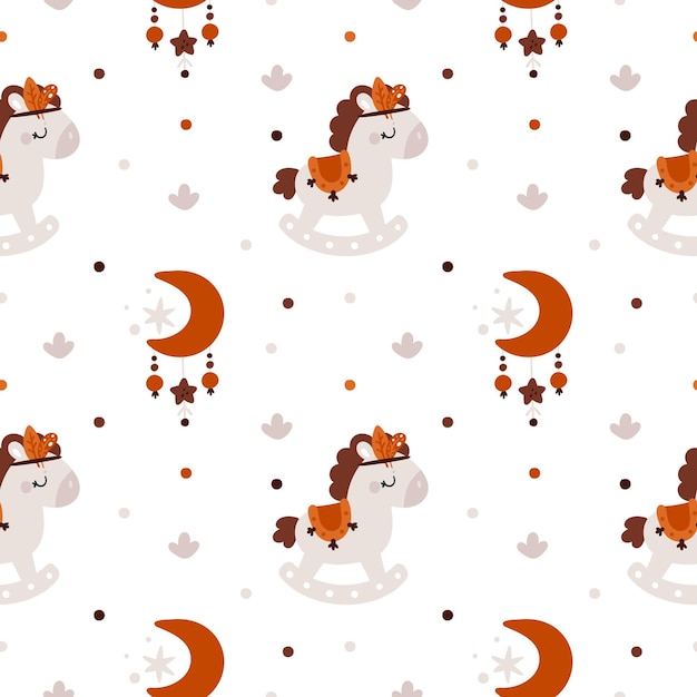 Childish seamless pattern with cute horse and moons in boho style for newborn girl or boy