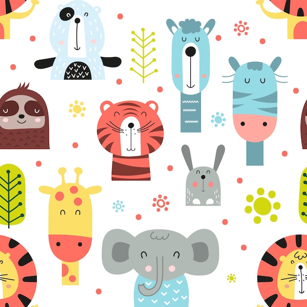 Childish seamless pattern with cute jungle animals in Scandinavian style
