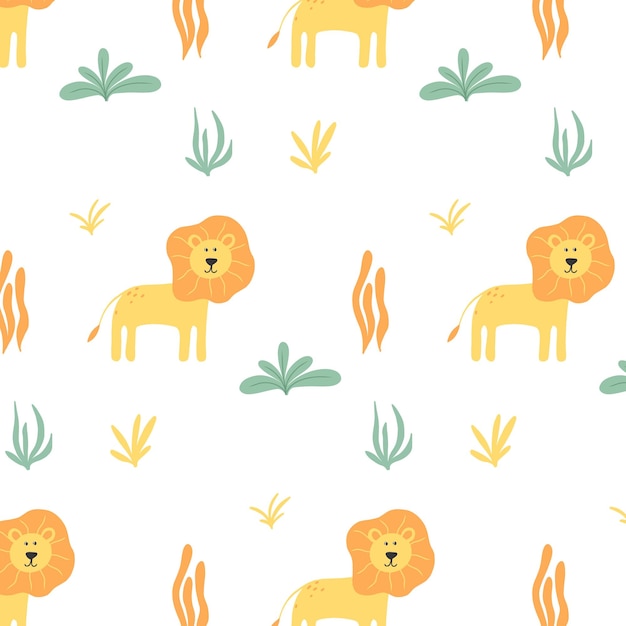 Childish seamless pattern with cute lions and plants. Exotic pattern. Hand-drawn pattern with jungle.