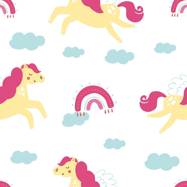 Childish seamless pattern with cute pegasus clouds and rainbow vector illustration isolated on white background for nursery and textile decoration