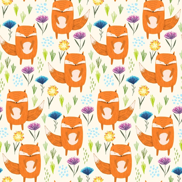 Vector childish seamless pattern with cute sketchy orange foxes, colorful flowers and grass