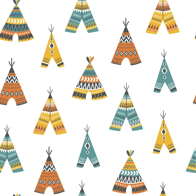 Childish seamless pattern with cute teepee in cartoon style.