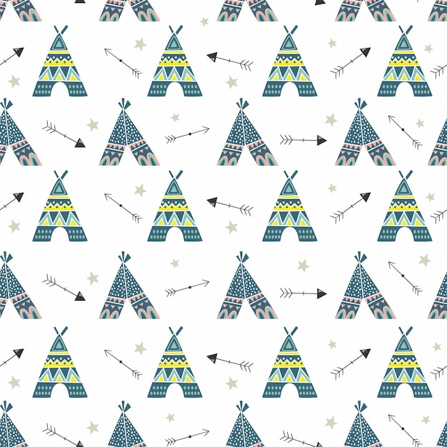 Childish seamless pattern with cute teepee in cartoon style.