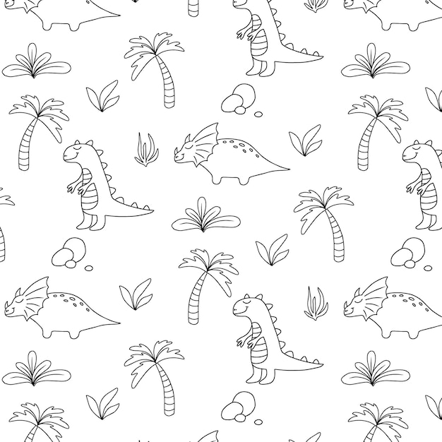 공룡과 함께 유치한 매끄러운 패턴 귀여운 디노 벡터 삽화가 있는 Handdrawn 패턴 패턴은 직물 포장지 및 인쇄 낙서 스타일에 적합합니다.
