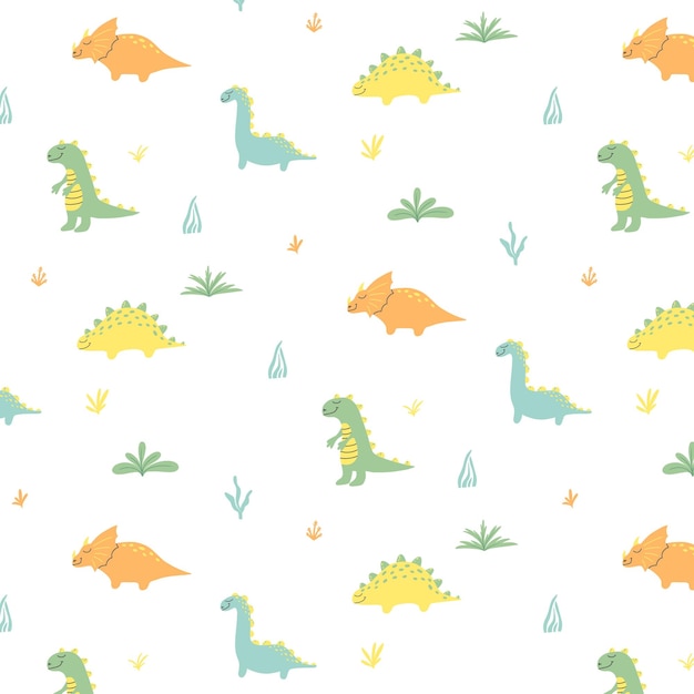 Childish seamless pattern with dinosaurs Handdrawn pattern with cute dinos Doodle pattern with different dinosaursVector illustration