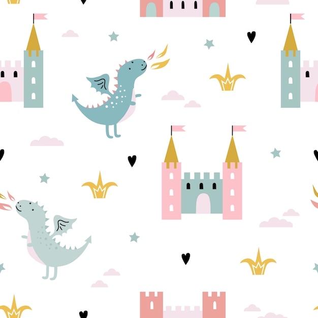 Childish seamless pattern with dragon, castle, unicorn