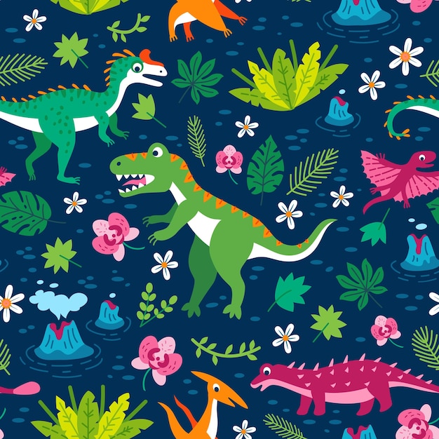 Childish seamless pattern with funny dinosaurs in cartoon Ideal for cards invitations party banners kindergarten baby shower for fabric textile preschool and children room decoration