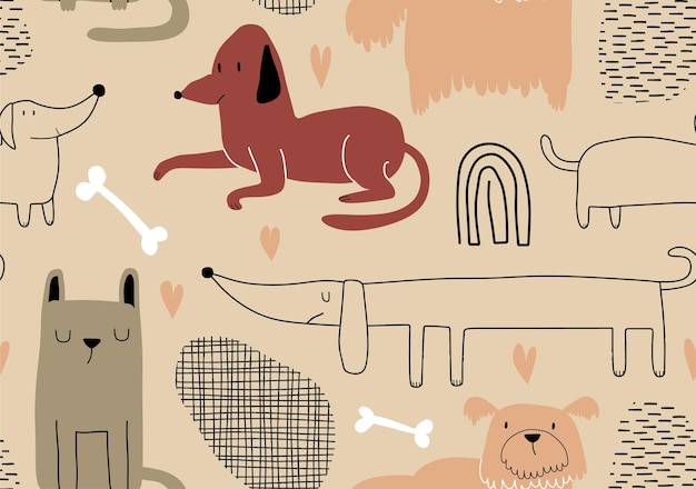 Childish seamless pattern with funny dogs.