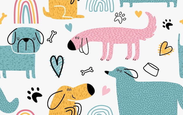 Childish seamless pattern with funny dogs