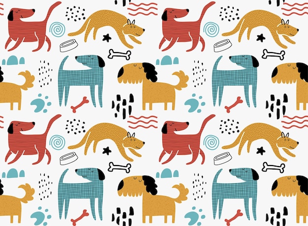 Childish seamless pattern with funny dogs