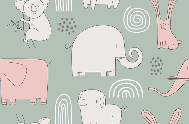 Modello senza cuciture infantile con animale disegnato a mano