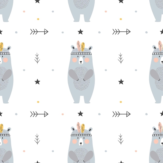 Childish seamless pattern with hand drawn bears in scandinavian style.