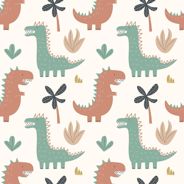 スカンジナビアスタイルの手描きの恐竜と幼稚なシームレスパターン創造的なベクトル恐竜ファブリックテキスタイルストックイラストEPSの幼稚な背景