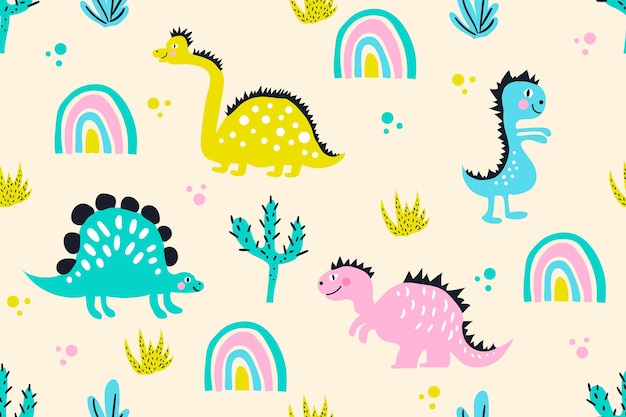 手で幼稚なシームレス パターン落書きスタイルで描かれた恐竜ファブリック テキスタイルの創造的なベクトル幼稚な恐竜の背景