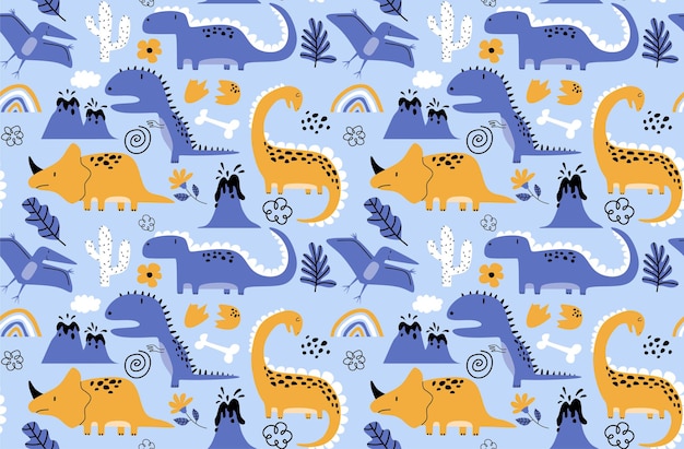 Childish seamless pattern with hand drawn dinosaur.