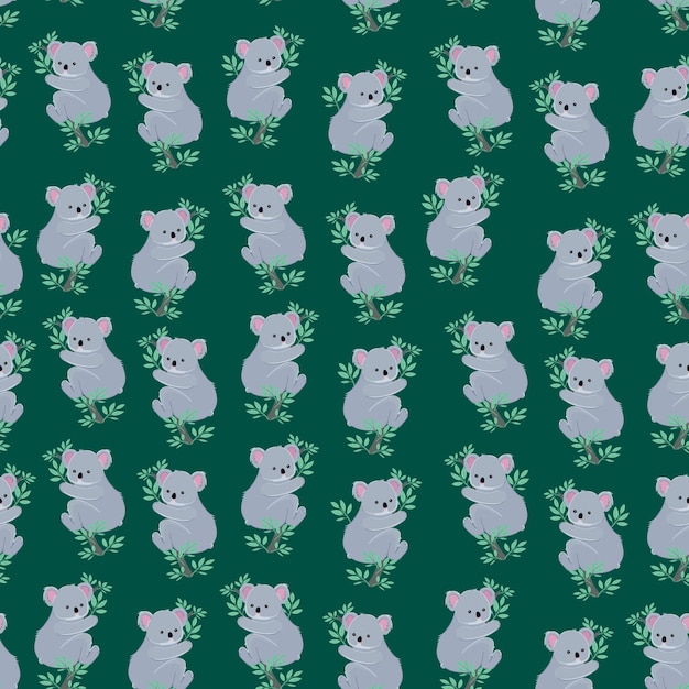 Childish seamless pattern with koala bear cubs on eucalyptus branches