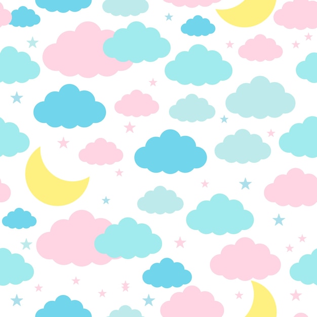 Childish seamless pattern with moon clouds stars Vector background for design