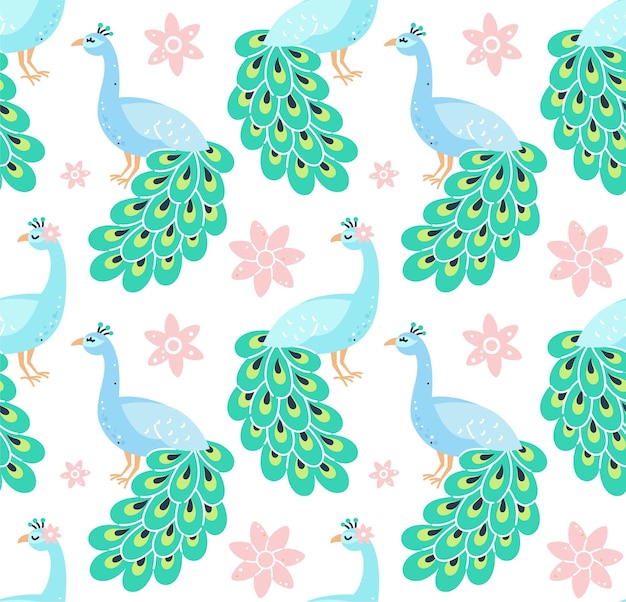 Childish seamless pattern with peacocks and flowers