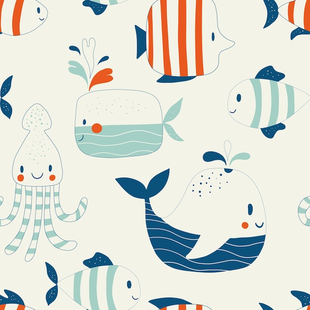 Childish seamless pattern with sea and ocean animals Cute marine underwater fauna with whales jellyfish and other underwater waterfowl