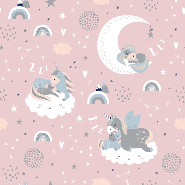 Childish seamless pattern with unicorns