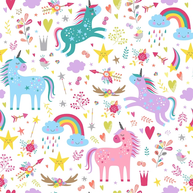 Childish seamless pattern with unicorns