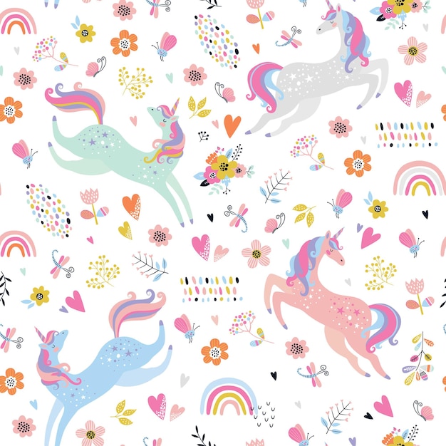Vector childish seamless pattern with unicorns