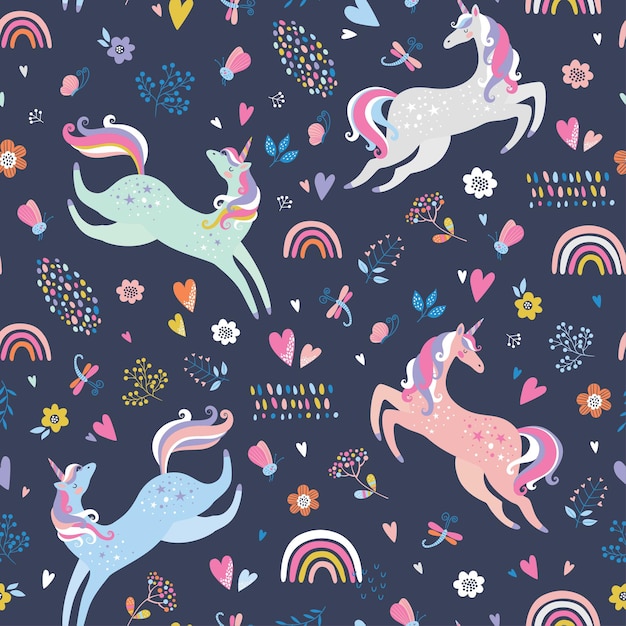 Childish seamless pattern with unicorns