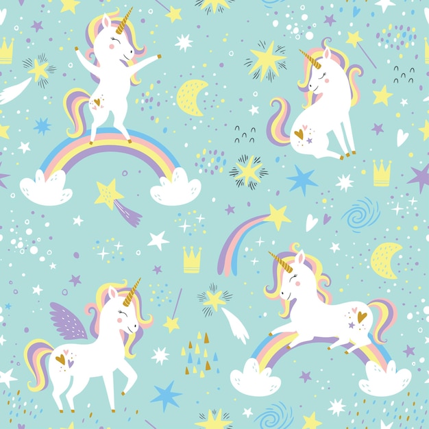 Childish seamless pattern with unicorns