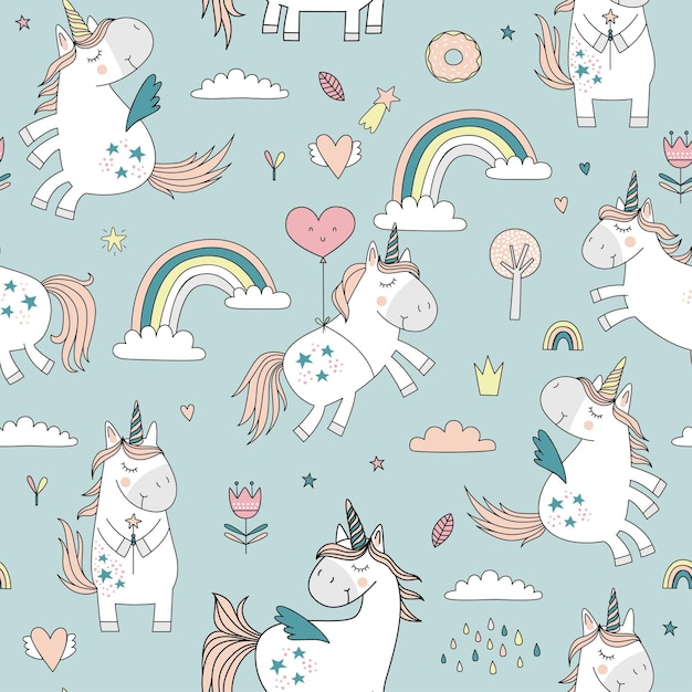 Childish seamless pattern with unicorns