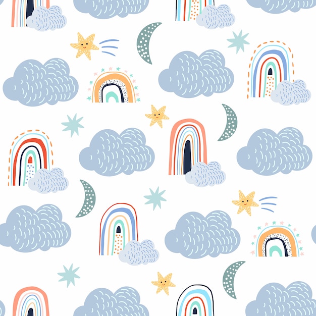 Childish seamless patterns set with clouds, white background