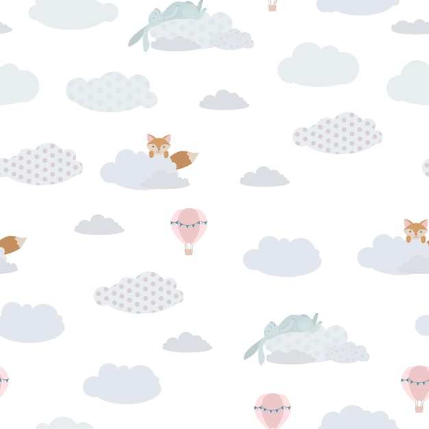 Childish seamless print Cute animals among the clouds Pattern of clouds and balloons in the sky Pastel shades Vector illustration