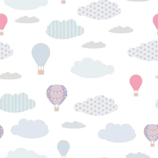 Childish seamless print Pattern of clouds and balloons in the sky Pastel shades Derezhables and balloons with a travel basket Vector illustration