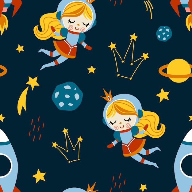 Childish seamless vector pattern girl in space