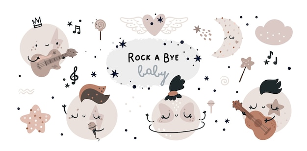 Set infantile con pianeti, lune dei cartoni animati. rock star e tema musicale per baby shower o piccola festa