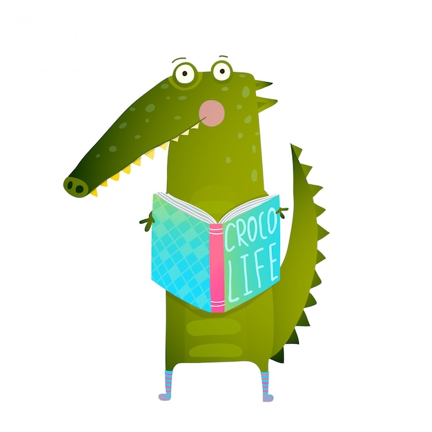 Vector childish student crocodile reading book and study