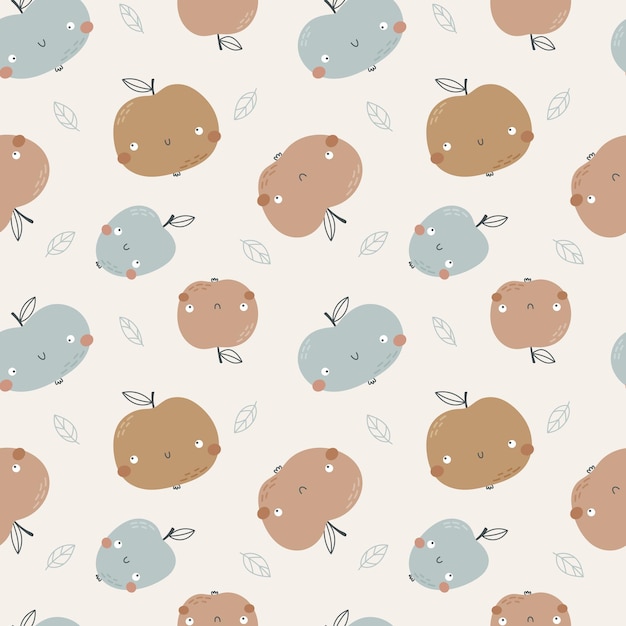 Vector childish vector seamless pattern with cute hand drawn cartoon apples limited to a gender neutral palette