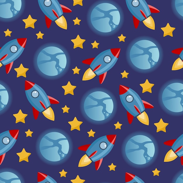 Modello senza cuciture vettoriale infantile con razzi, pianeti e stelle su sfondo blu intenso.