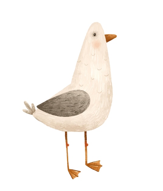 childish watercolor illustration with gull sea bird baby cute illustration
