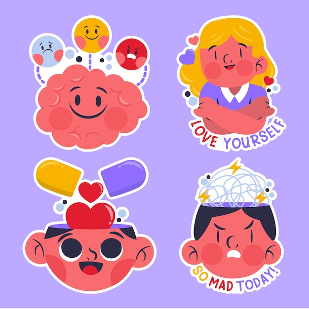 Vector childlike mental health stickers collection