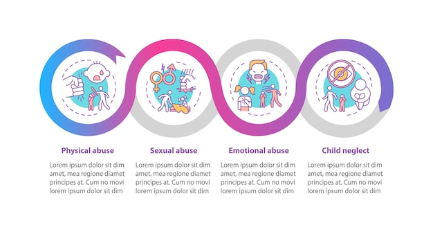 Vettore modello di infografica abuso di bambini a casa. elementi di design di presentazione di sicurezza per bambini. visualizzazione dei dati con passaggi. elaborare il grafico della sequenza temporale. layout del flusso di lavoro con icone lineari