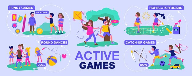 Infografica di giochi attivi per bambini con giochi divertenti danze rotonde tavola da campana e descrizioni di giochi di recupero illustrazione vettoriale