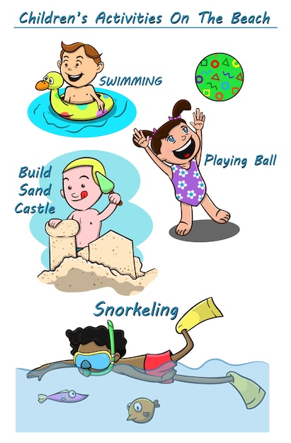 Children activities on the beach cartoon