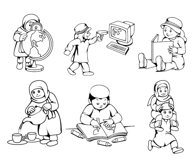 Children activities line drawing illustration