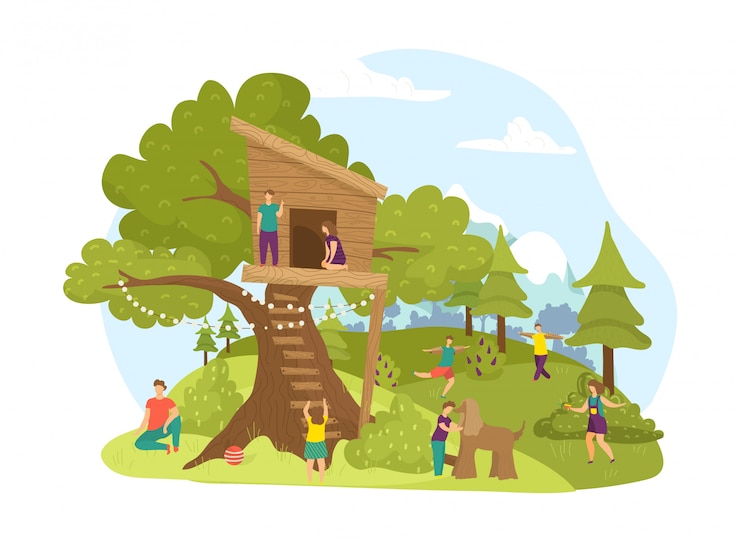Vector children activity in park, summer wood tree house childhood  illustration. nature  treehouse building landscape, boy girl play. green garden for kids, cute outdoors playground.