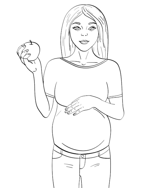 Vettore bambini e adulti che colorano le linee nere donna incinta al nono mese tiene una mela in mano