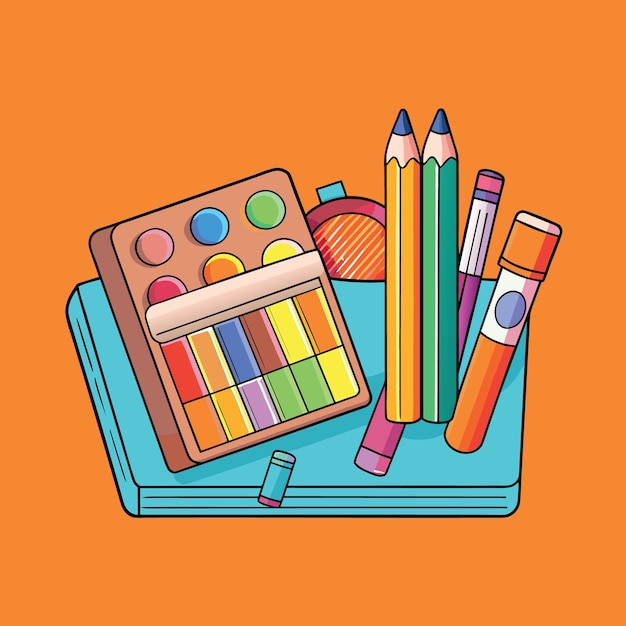 Vector children or adult coloring equipment pastel color pencils on vivid orange paper background with co