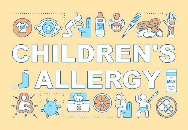 Children allergy word concepts banner. Kids health care. Pediatric allergy and immunology. Presentation, website. Isolated lettering typography idea with linear icons. Vector outline illustration