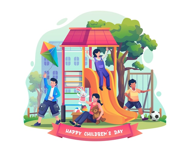 Vector children are having fun playing in the playground on children's day illustration